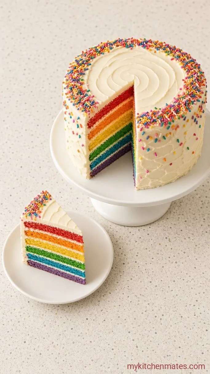 Rainbow Birthday Cake with Fluffy Vanilla Layers Step 5: Stack and Frost the Cake