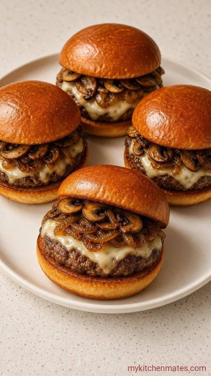 Juicy Mushroom Swiss Burger with Garlic-Butter Mushrooms Step 5: Stack the Burgers