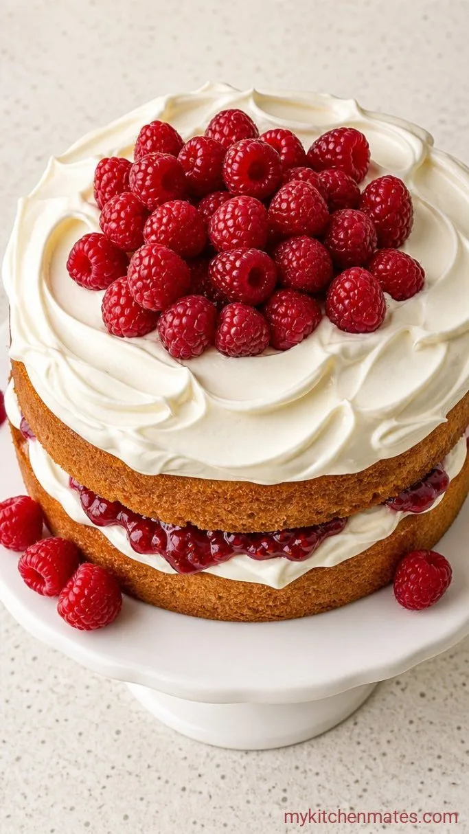 White Chocolate Raspberry Layer Cake Step 5: Swirl the Frosting and Top with Raspberries