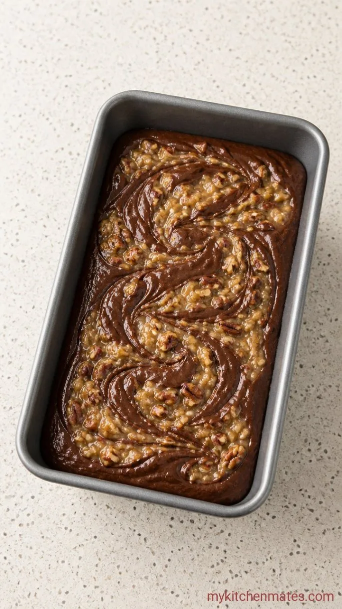 German Chocolate Pound Cake with Coconut Pecan Swirl Step 5: Swirl the Ribbon into the Batter
