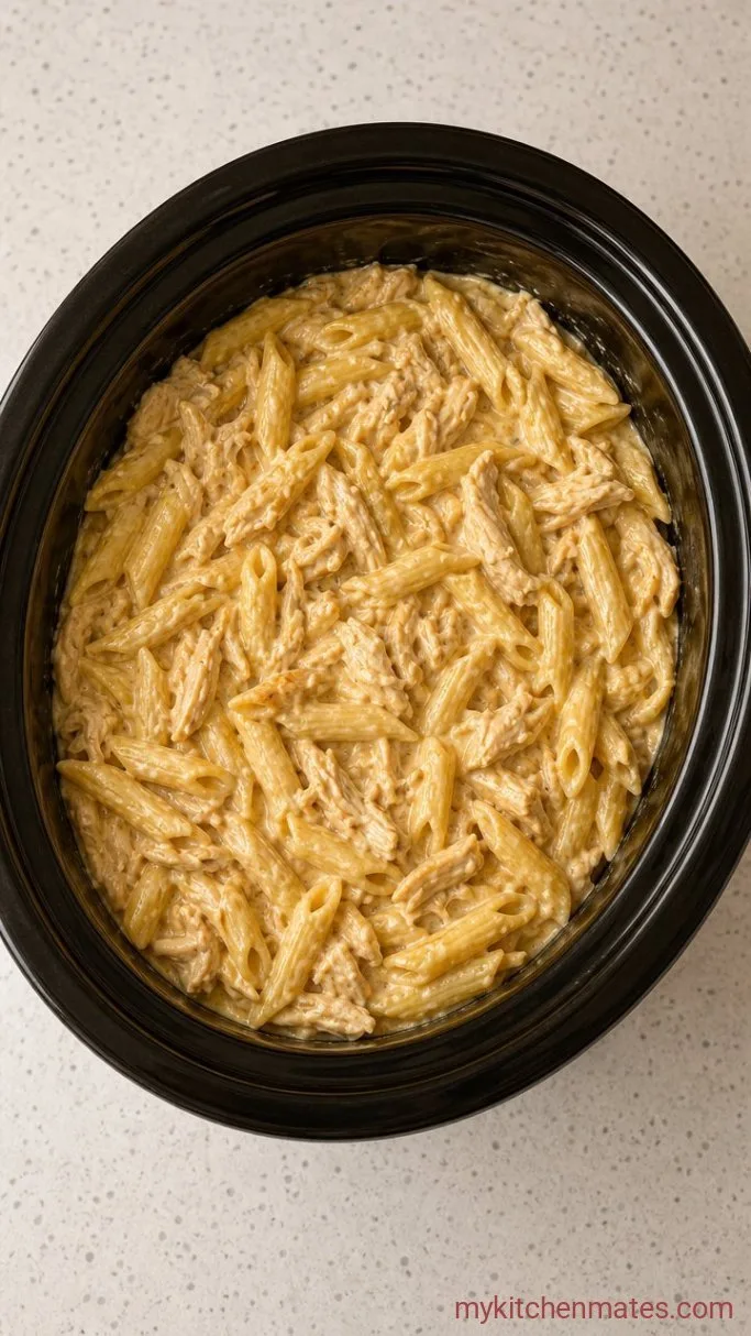 Creamy Crockpot Garlic Parmesan Chicken Pasta Step 5: Thicken the Sauce and Add Pasta