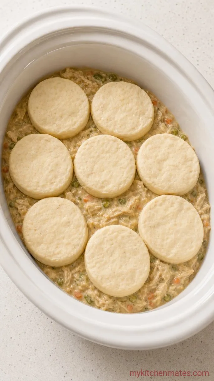 Creamy Crockpot Chicken and Biscuits Step 5: Thicken the Sauce and Arrange the Biscuits