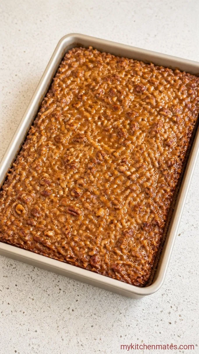 Old-Fashioned Oatmeal Cake with Coconut Pecan Frosting Step 5: Top with Coconut Pecan Frosting and Broil