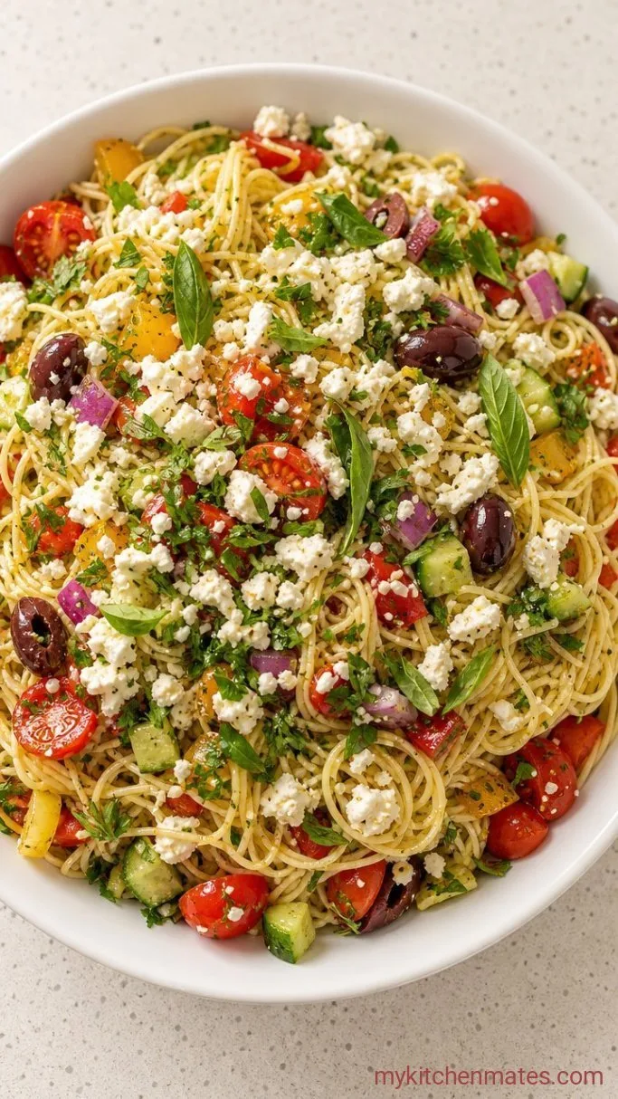 Quick Angel Hair Pasta Salad with Lemon Vinaigrette Step 5: Top with Feta and Serve