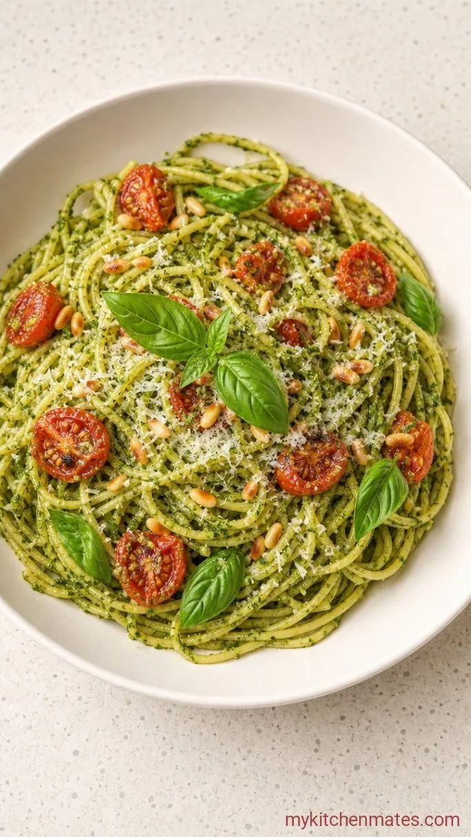 20-Minute Spinach Pesto Pasta with Burst Cherry Tomatoes Step 5: Toss the Pasta with Pesto and Tomatoes