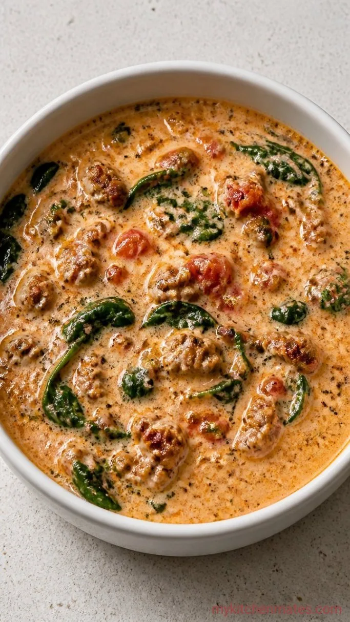 Creamy Parmesan Italian Sausage Soup Step 5: Wilt the Spinach and Serve