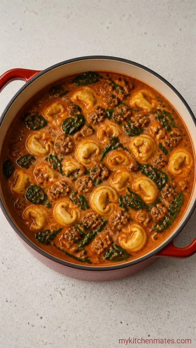 30-Minute Sausage Spinach Tortellini Soup Step 5: Wilt the Spinach