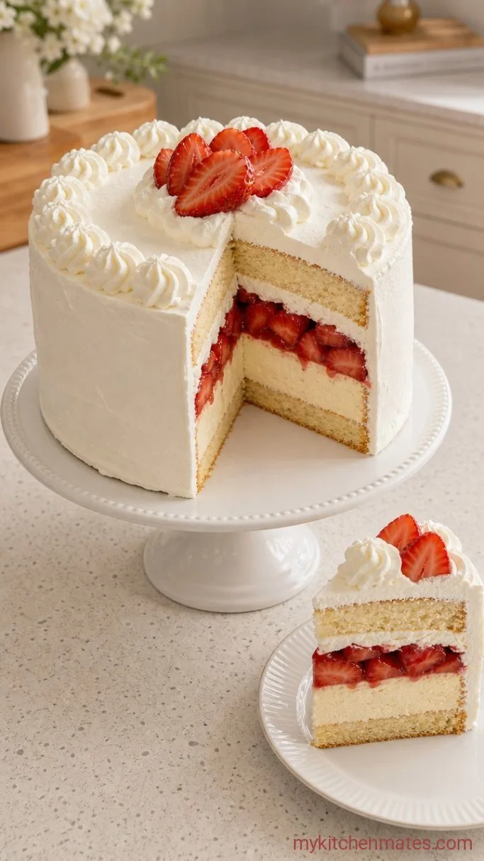 Strawberry Shortcake Cheesecake Cake (Three Desserts, One Cake) Step 6: Assemble the Final Cake