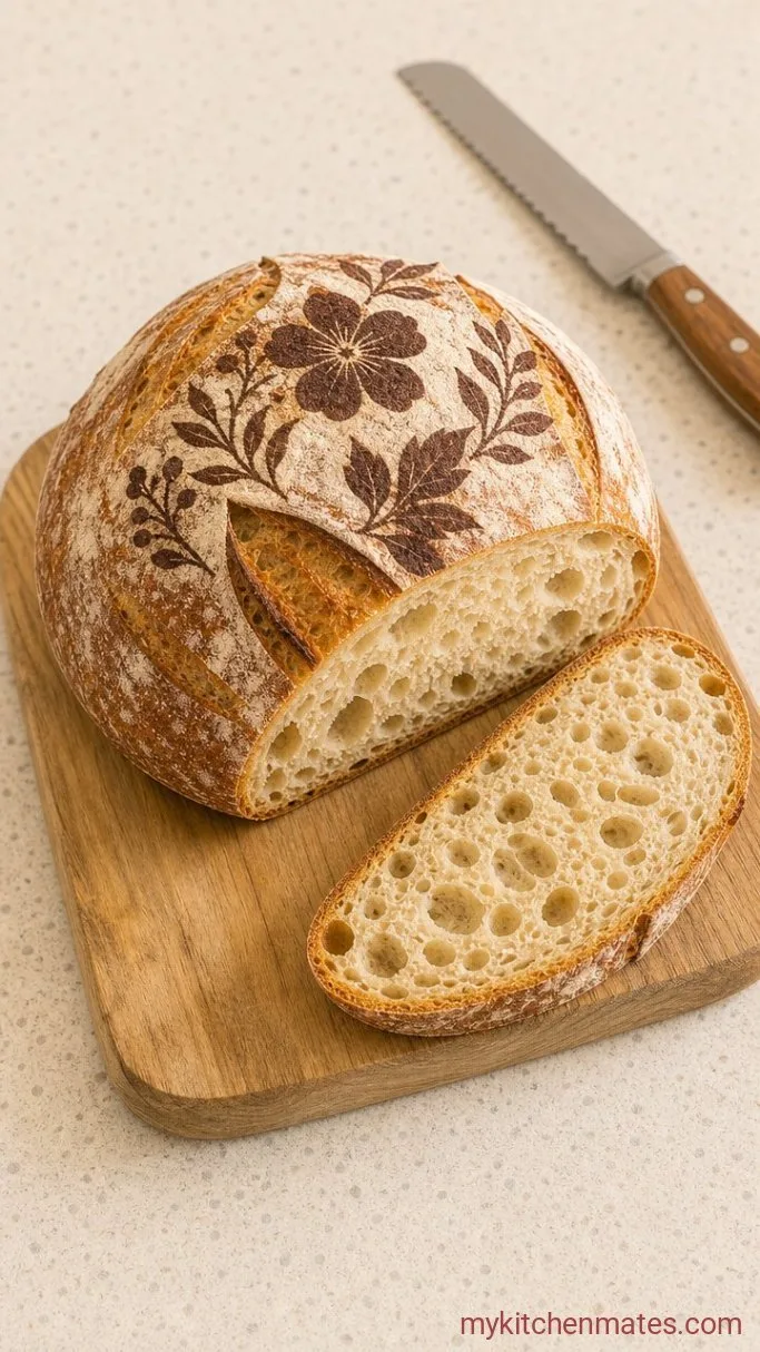 Painted Sourdough Bread with Flour Paste Designs Step 6: Bake and Slice the Loaf