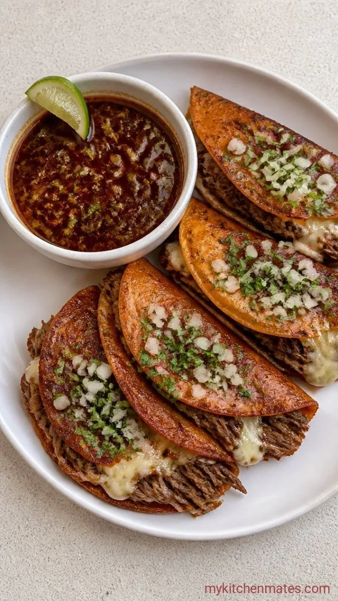 Crockpot Birria Tacos with Rich Dipping Consommé Step 6: Crisp the Tortillas and Dip
