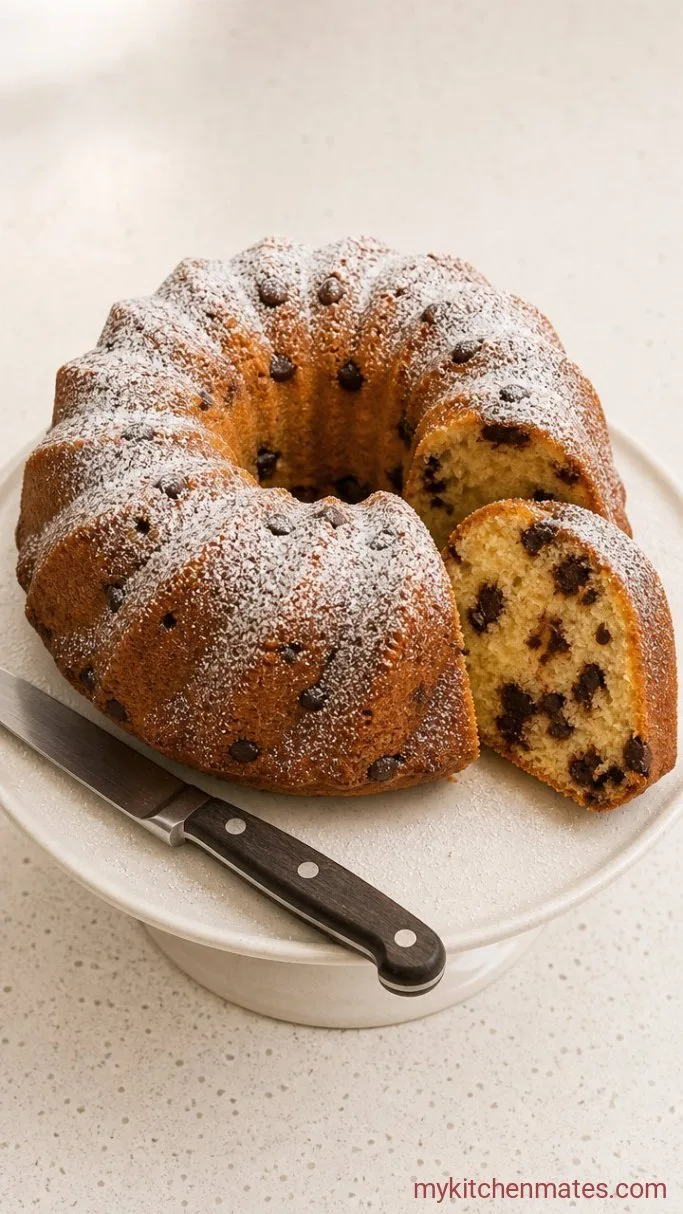 Chocolate Chip Pound Cake Bundt: Rich, Buttery, and Full of Chocolate Chips Step 6: Dust with Powdered Sugar and Slice