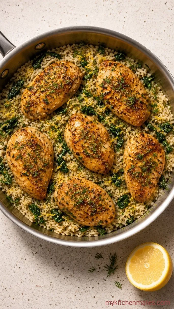One-Pot Lemon Chicken and Brown Rice with Spinach Step 6: Finish with Lemon and Dill