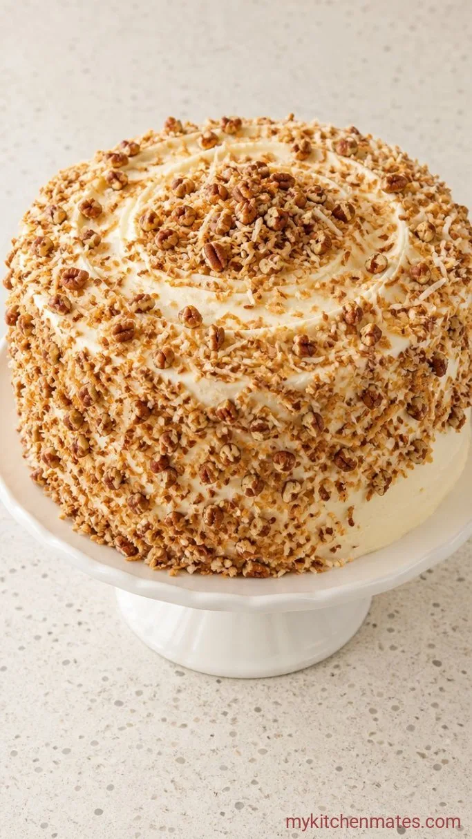 Italian Cream Cake with Toasted Pecans and Cream Cheese Frosting Step 6: Frost and Garnish the Cake