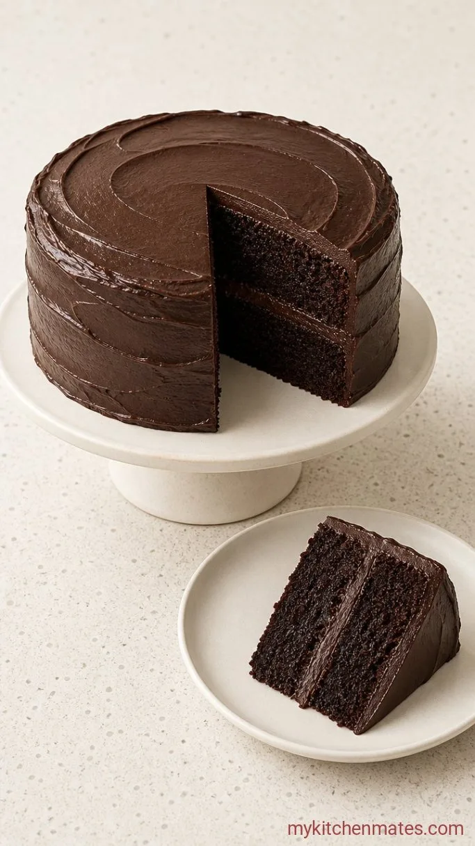 Fudgy Matilda Chocolate Cake with Dark Chocolate Frosting Step 6: Frost and Slice the Cake