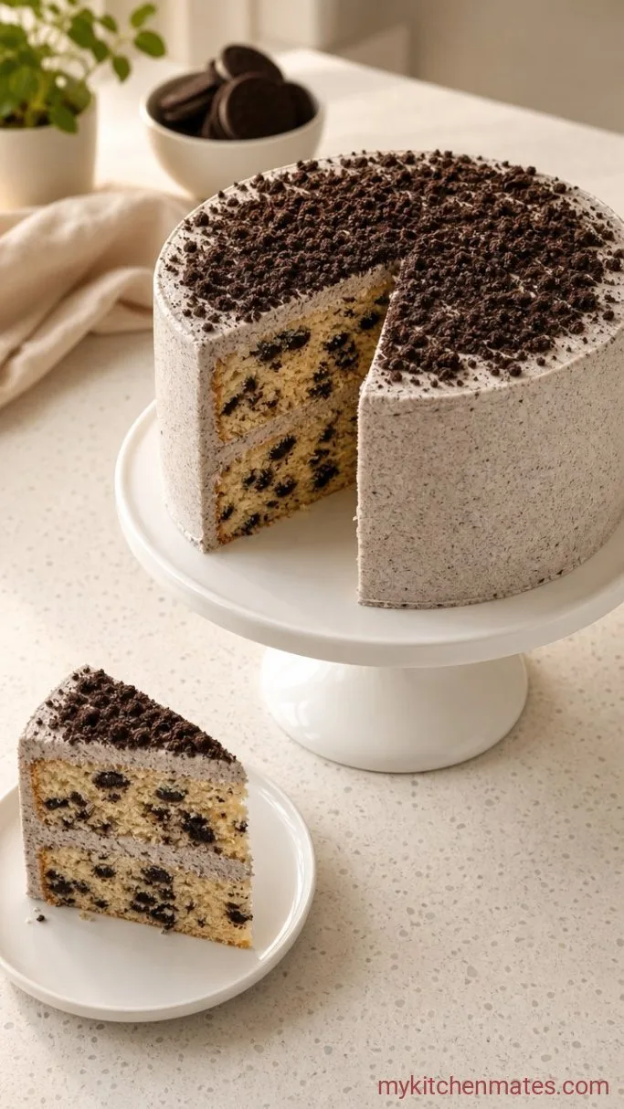 Vanilla Oreo Cake with Cookies and Cream Frosting Step 6: Frost and Slice