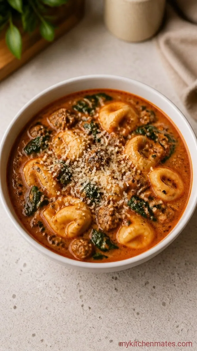 30-Minute Sausage Spinach Tortellini Soup Step 6: Ladle and Top with Parmesan