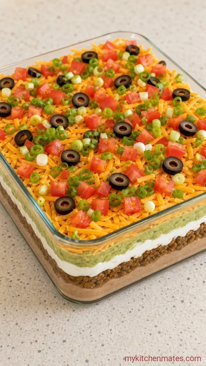 Seven-Layer Dip with Seasoned Ground Beef Step 6: Pile On the Fresh Toppings