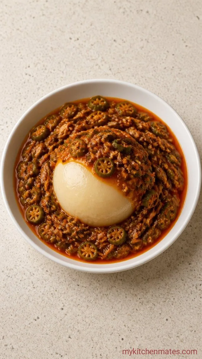 Steamed Banku and Smoky Okro Stew Step 6: Shape the Banku and Spoon Over the Stew