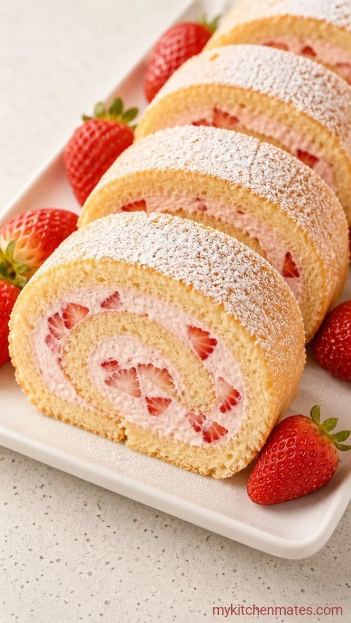 Fluffy Strawberry Roll Cake with Fresh Strawberry Cream Step 6: Slice and Dust with Powdered Sugar