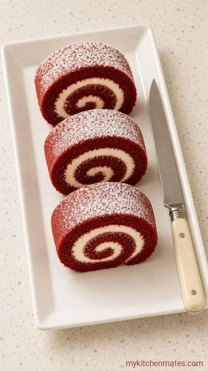 Red Velvet Roll Cake with Cream Cheese Filling Step 6: Slice and Serve