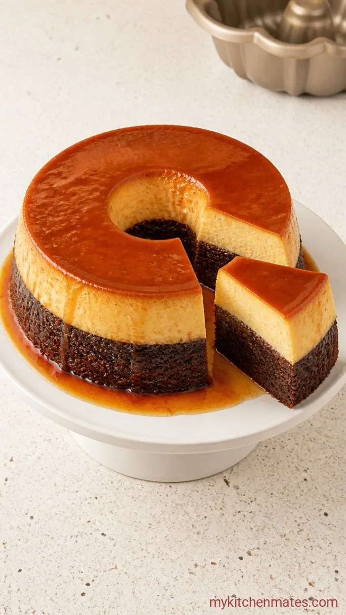 Mexican Chocoflan (The Impossible Cake): Chocolate Cake and Flan in One Pan Step 6: Unmold and Slice the Chocoflan