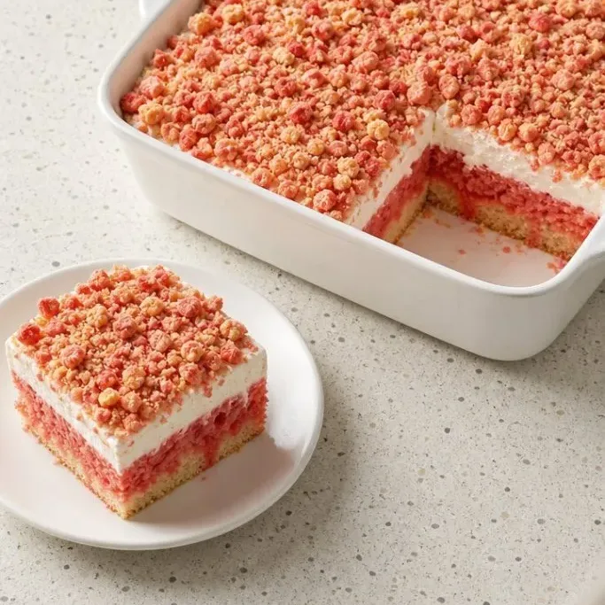 Strawberry Crunch Poke Cake
