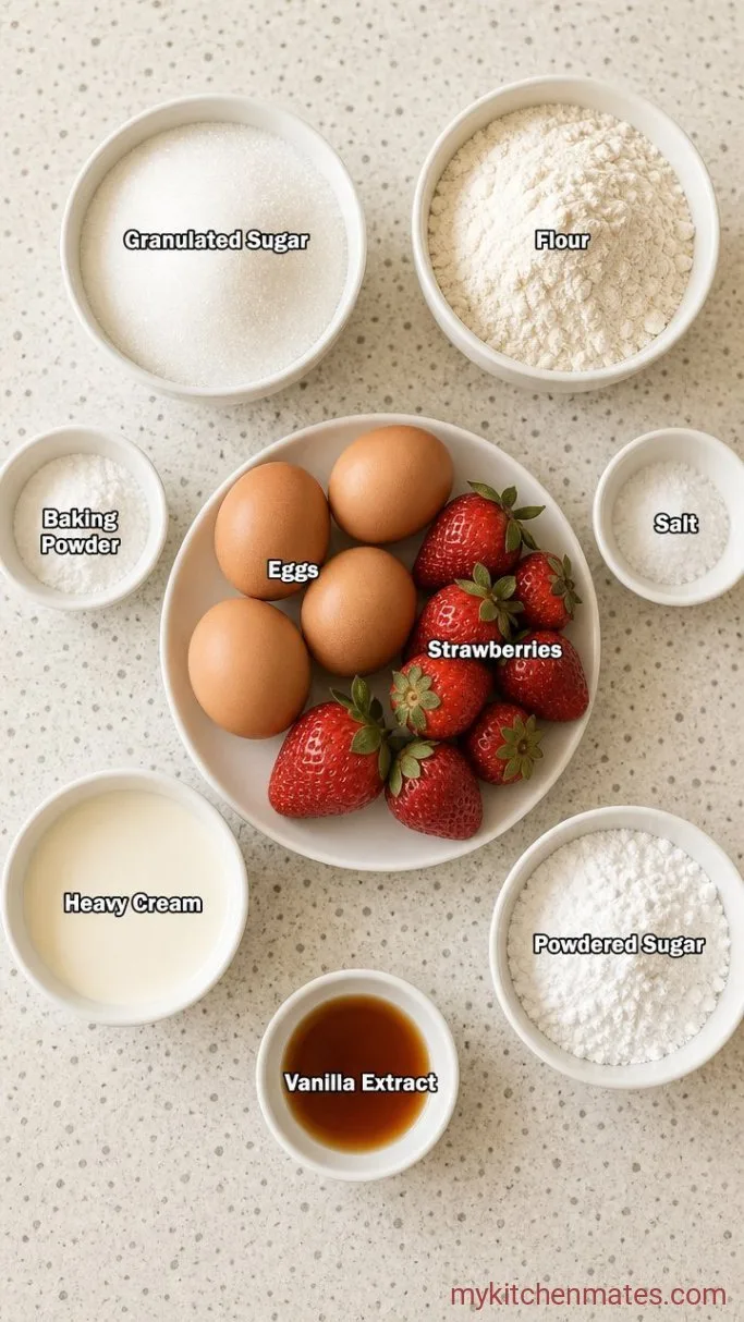 Fluffy Strawberry Roll Cake with Fresh Strawberry Cream Ingredients