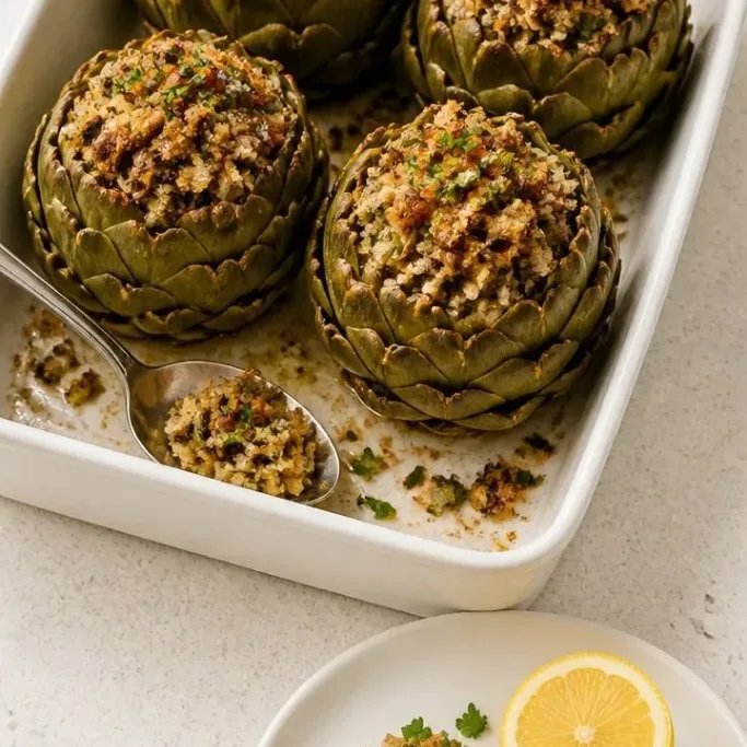 Lemony Stuffed Artichoke Casserole with Crispy Breadcrumbs Stuffed Artichoke Casserole