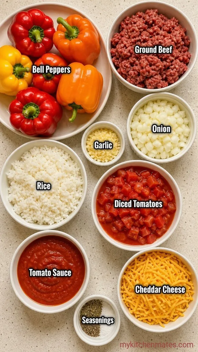 Cheesy Stuffed Bell Peppers with Ground Beef and Rice Ingredients