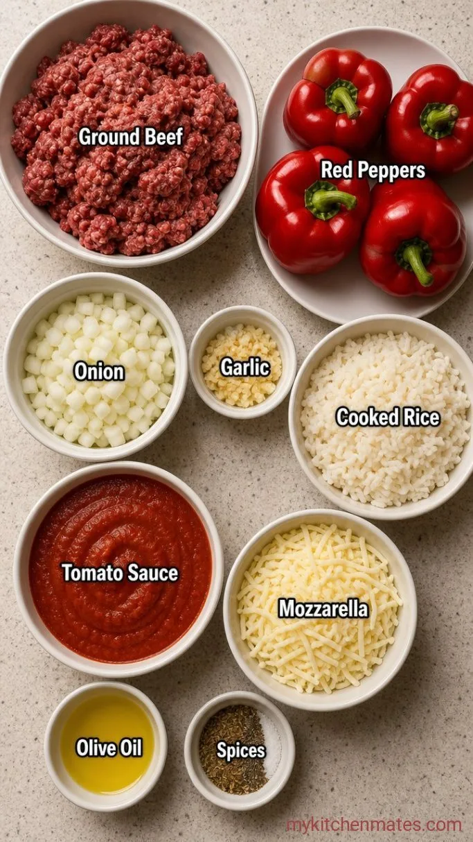 Tender Stuffed Red Peppers with Beef and Rice Ingredients