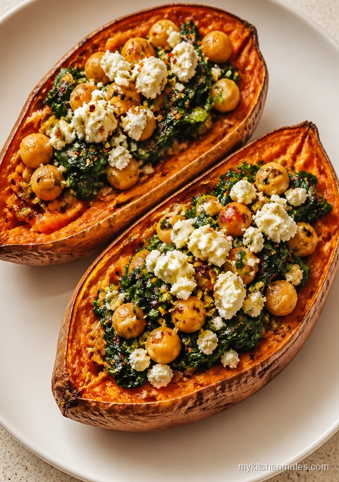 Stuffed Sweet Potatoes with Goat Cheese, Spinach, and Chickpeas