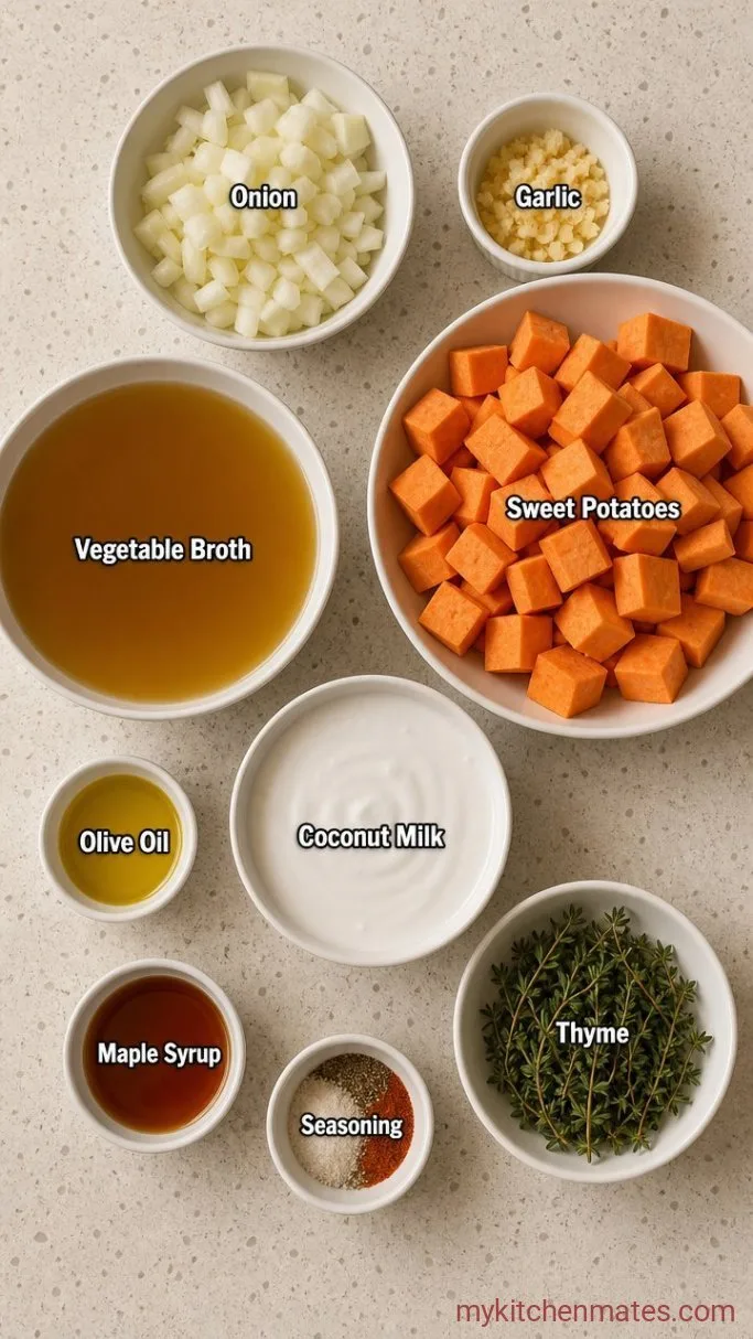 Creamy Sweet Potato Soup with Coconut and Maple Ingredients