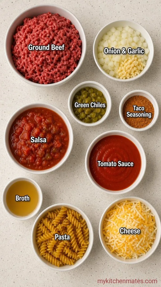 30-Minute Cheesy Taco Pasta Casserole Ingredients