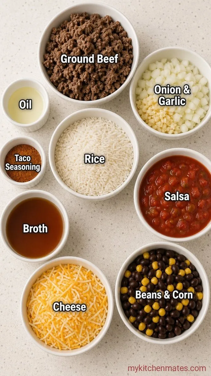 One-Pan Cheesy Taco Rice Bake Ingredients