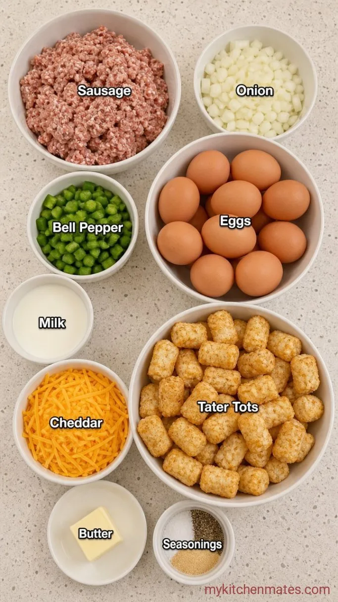Cheesy Make-Ahead Tater Tot Egg Casserole Ingredients