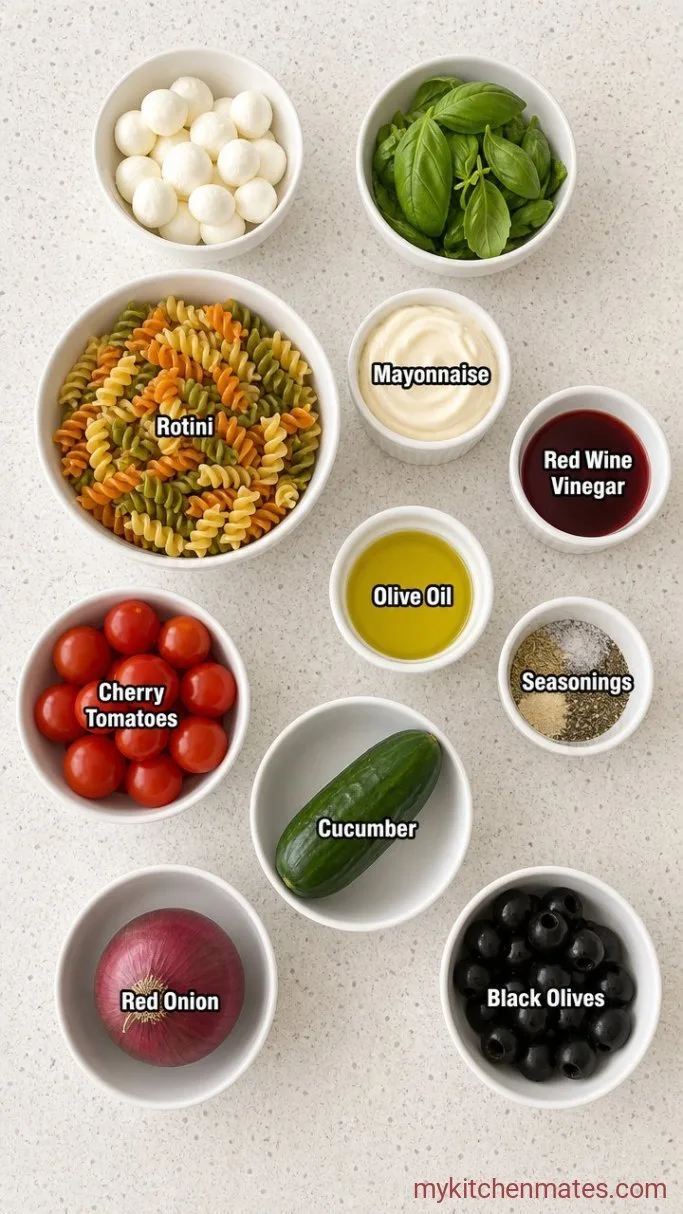 30-Minute Tri-Color Pasta Salad That's Better the Next Day Ingredients
