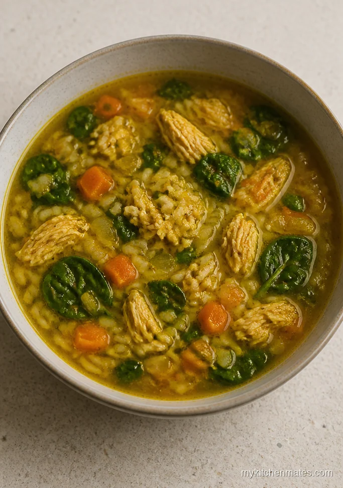 Turmeric Chicken and Rice Soup with Spinach