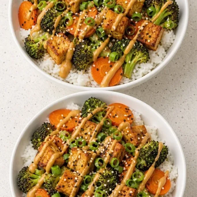 Sheet Pan Vegan Rice Bowl with Creamy Peanut Sauce Vegan Rice Bowl