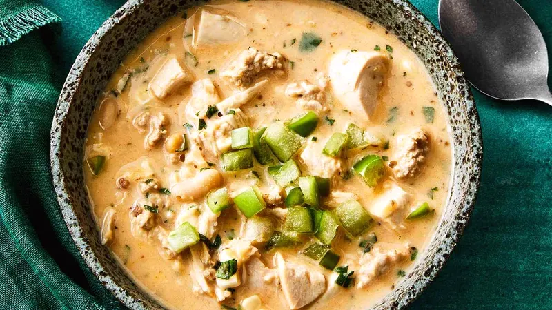 White Chicken Chili With Avocado Cream Food photo of White Chicken Chili With Avocado Cream