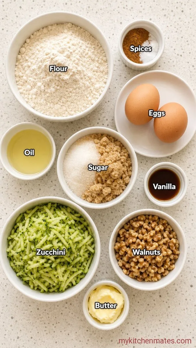 Soft Zucchini Muffin Recipe with Cinnamon and Walnuts Ingredients